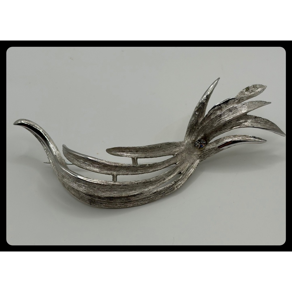 Brooch Silver Brushed Metal Floral Spray Rhinestone Vintage